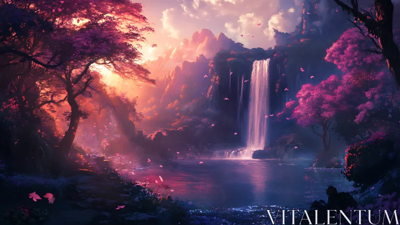 Enchanted violet forest embraces a sunlit fantasy waterfall