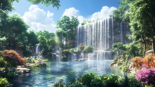 Sunlit tiered waterfall flows into crystal forest lagoon.