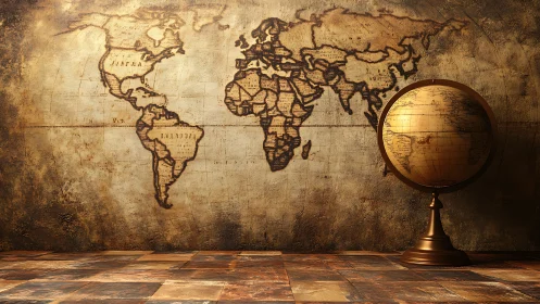 Vintage world map mural with illuminated brass globe.
