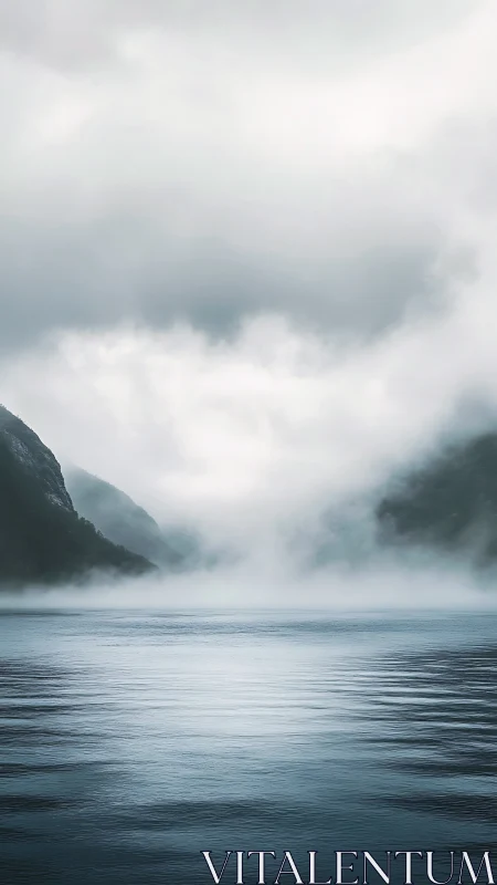 Low-contrast fjord landscape with dense surface fog and calm water