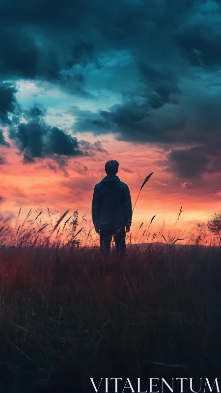 Silhouetted figure contemplates vivid teal and orange sunset sky.