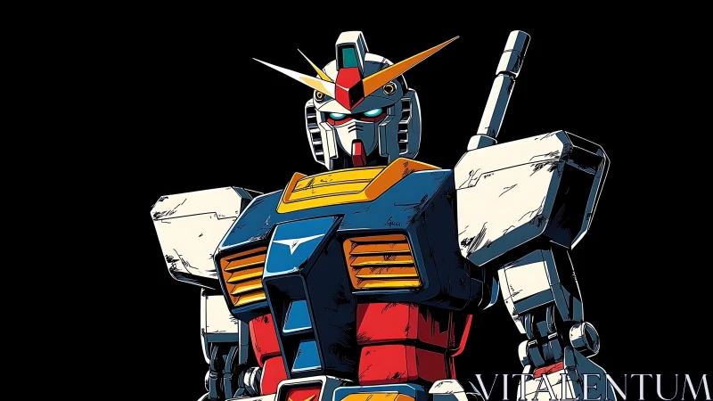 Colorful heroic mecha standing bold against deep black sky.