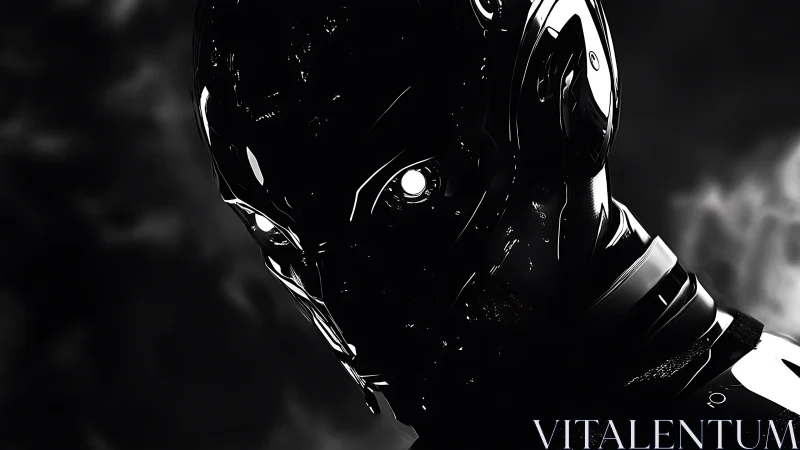 High-contrast cybernetic helm in monochrome luminance study.