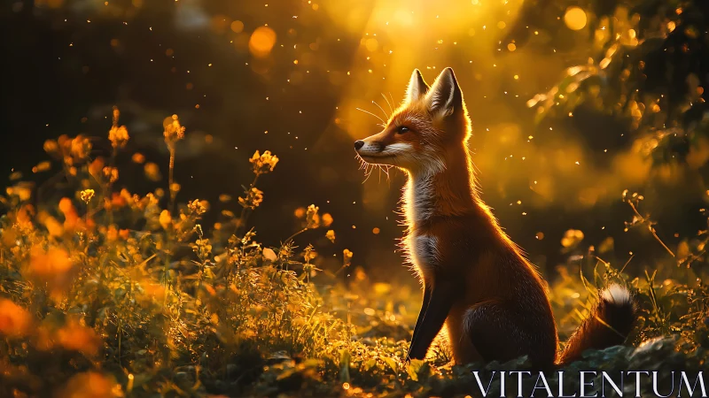 Photorealistic fox portrait in golden hour backlit meadow.