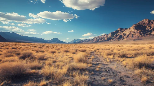 Desert grassland plain with distant mountain range view.