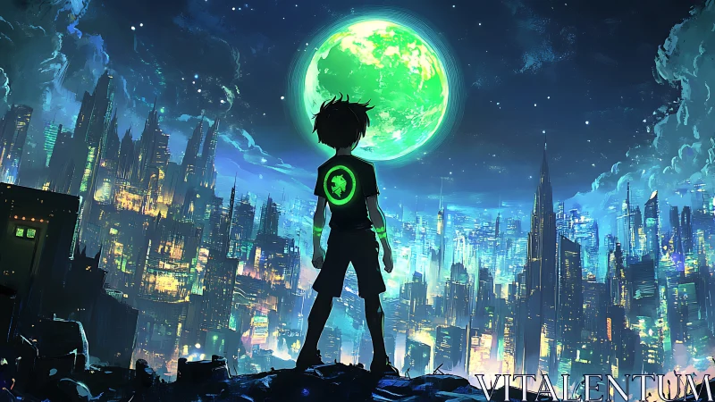 Neon-lit cityscape unfolds beneath a lone silhouetted boy.