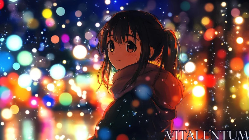 Anime girl under winter lights with glowing bokeh nightscape.