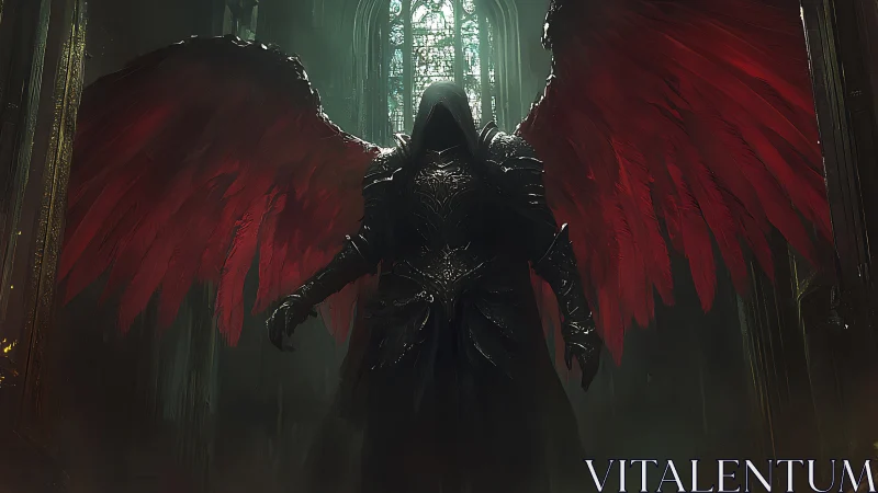 Shadowed angel with crimson wings in a gothic hall.