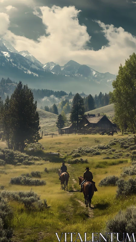 Riders on rural trail toward mountain ranch under clouds.