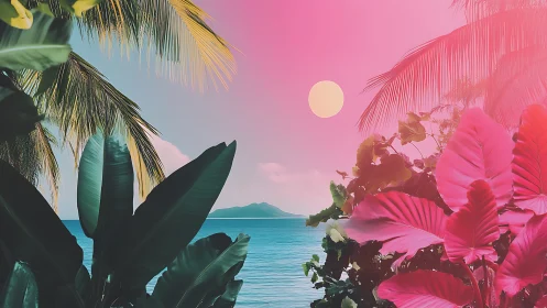 Tropical Paradise with Pink Hibiscus and Palm Fronds.