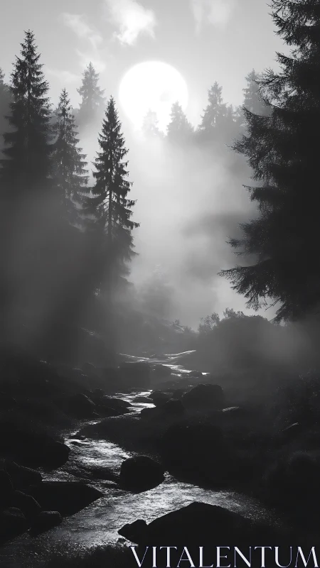 Moonlit forest stream flows through mist and dark pines