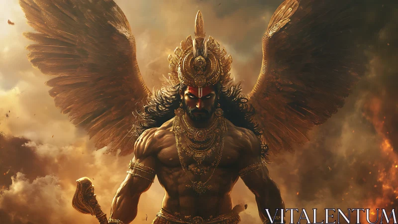 Winged mythic warrior in molten sky with ornate gold armor