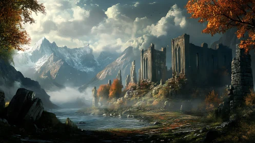 Gothic mountain ruins above misted river in autumn light