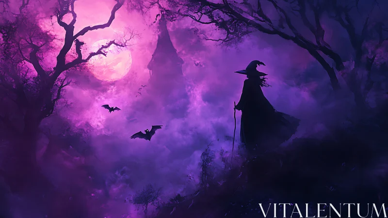 Witch silhouette in violet moonlit mist with haunted forest.