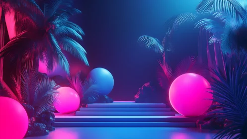 Neon jungle staircase crowned by glowing tropical orbs.