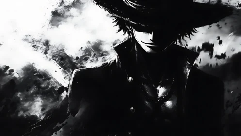 Shadowed swordsman in monochrome ink splatter silhouette.