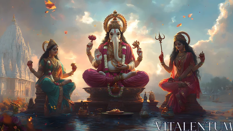 Radiant divine trio sharing calm by a sunlit riverside.