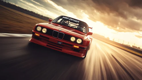 Scarlet track beast storms a glowing sunset racetrack horizon.