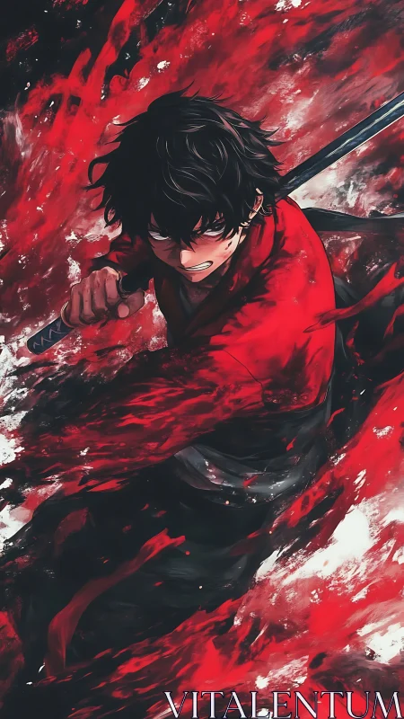 Fiery anime swordsman charging through swirling crimson storm.