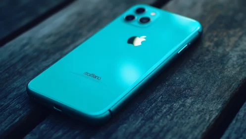Turquoise iPhone with Triple Camera System on Textured Surface.