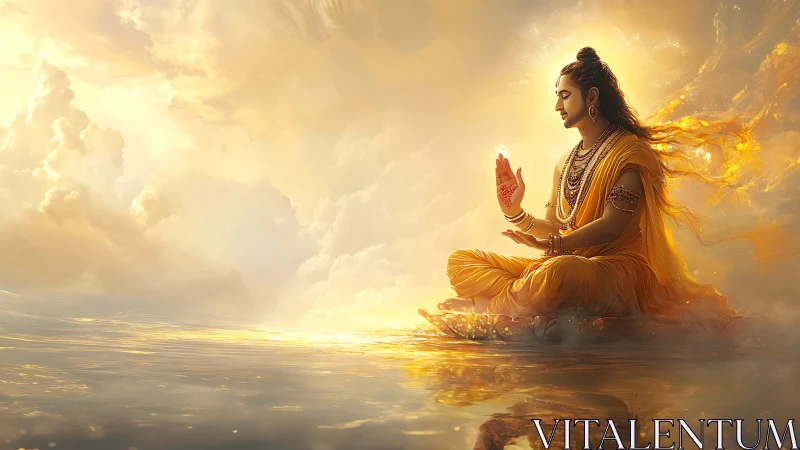 Divine figure meditates in radiant golden celestial light.