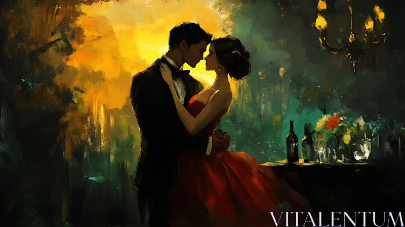 Formal couple in amber-lit interior with classical composition.