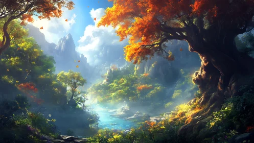 Enchanted river valley glows beneath vivid autumn canopy