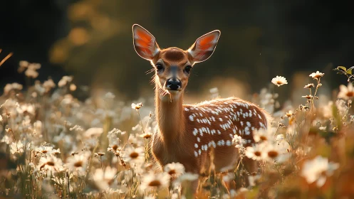 Young spotted fawn stands alert in glowing wildflower meadow