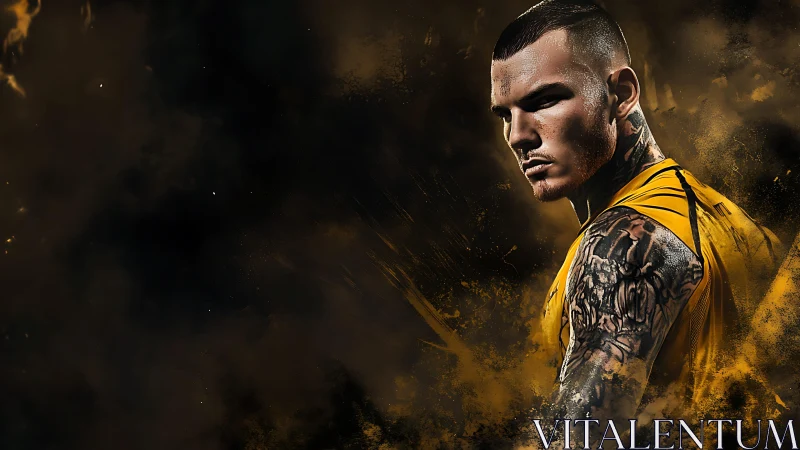 Tattooed athlete in golden haze with intense side glare.
