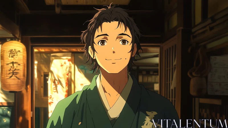 Smiling young man stands in warm lantern lit wooden interior