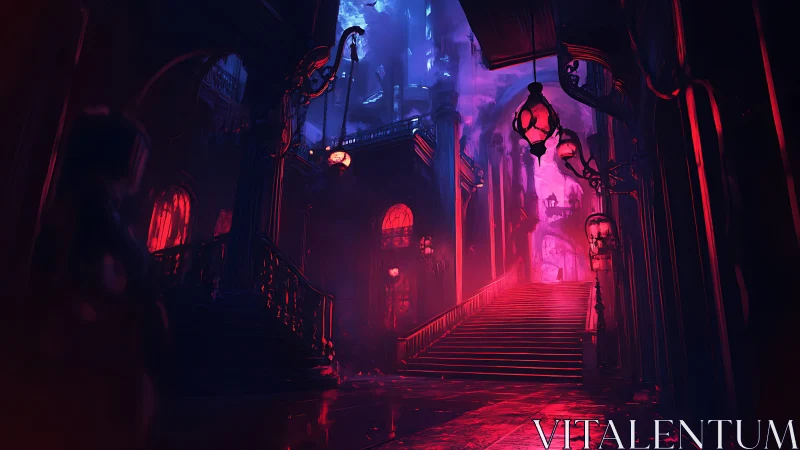 Velvet-lit gothic staircase inviting a mysterious night walk.