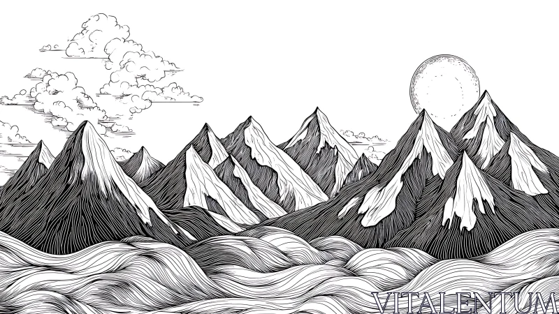 Ink-carved mountain chorus beneath a drifting lunar hush.