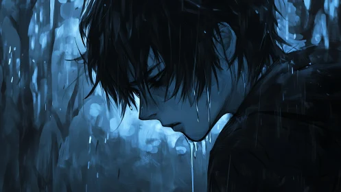 Melancholic anime boy profile standing alone in blue rain.