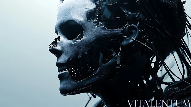 Cybernetic skull profile reveals decaying human-machine fusion.