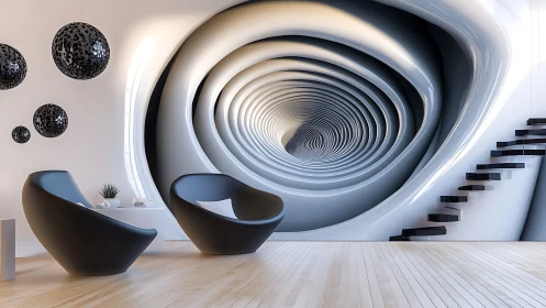 Futuristic lounge opens into hypnotic tunnel-like wall portal