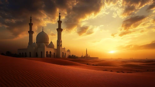 Desert mosque glows under dramatic golden sunset sky.