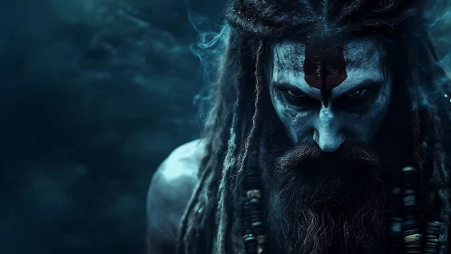 Intense ascetic figure with painted face and dreadlocks.