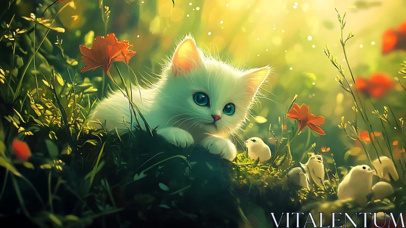 A Curious White Kitten Discovers a Magical Garden
