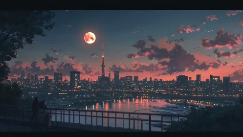 Crimson city skyline under full moonlit river twilight.