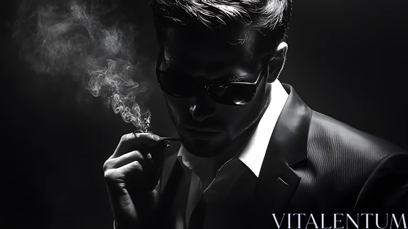 Low-key monochrome portrait of man in suit and smoke plume.