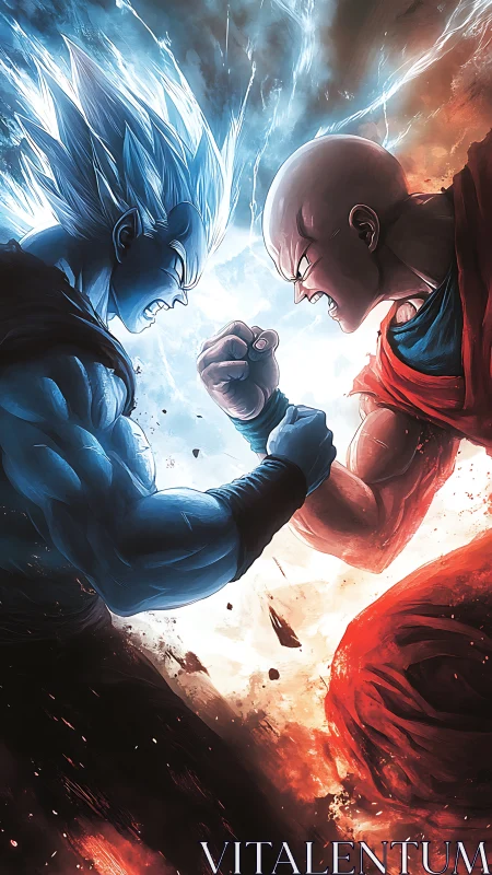 Bifurcated elemental duel with blue plasma and red flame fields.