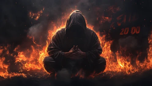 Hooded figure seated amid surrounding flames in darkness.