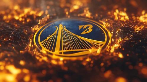 Golden bridge emblem glows amid swirling molten sparks.