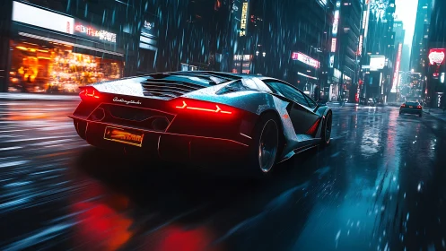 Supercar accelerates through neon-lit rain-soaked cyber street