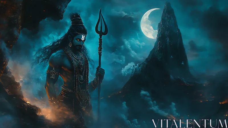 Shiva figure stands with trident before moonlit mountain