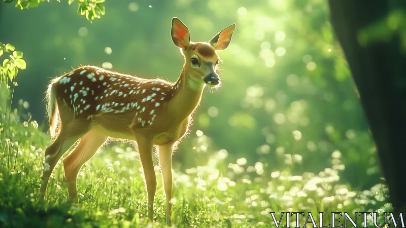Sunlit fawn pauses in a glittering woodland daydream.