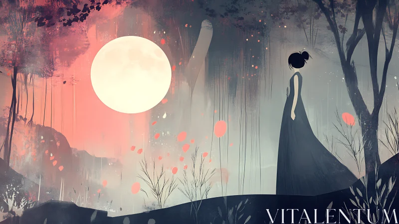 Girl in a moonlit forest dreamscape under soft pink skies.