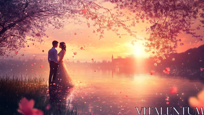 Couple Under Blossoms at Sunset Over Water