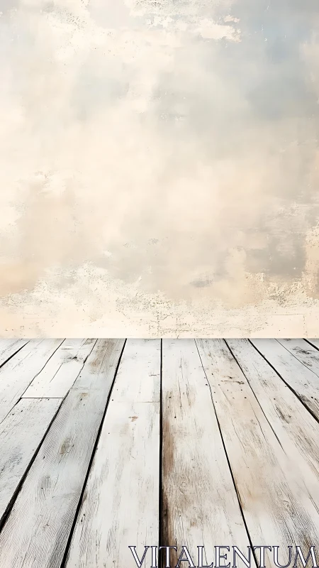 Weathered wooden floor meets textured beige wall surface