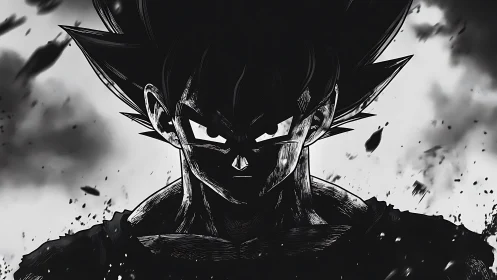 Shadow-forged warrior emerges from storm of shattered ink.